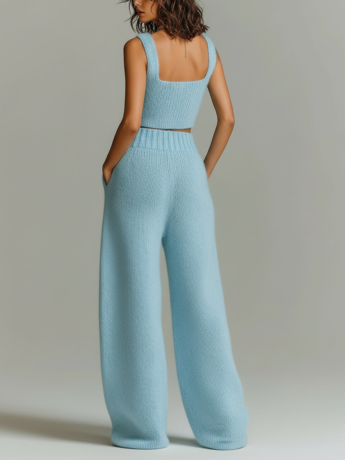 Taidalw Chic Elegant Blue Square-Neck Slim-Fit Tank Top And Elastic Waist Wide-Leg Pants Ribbed Knit Two-Piece Set