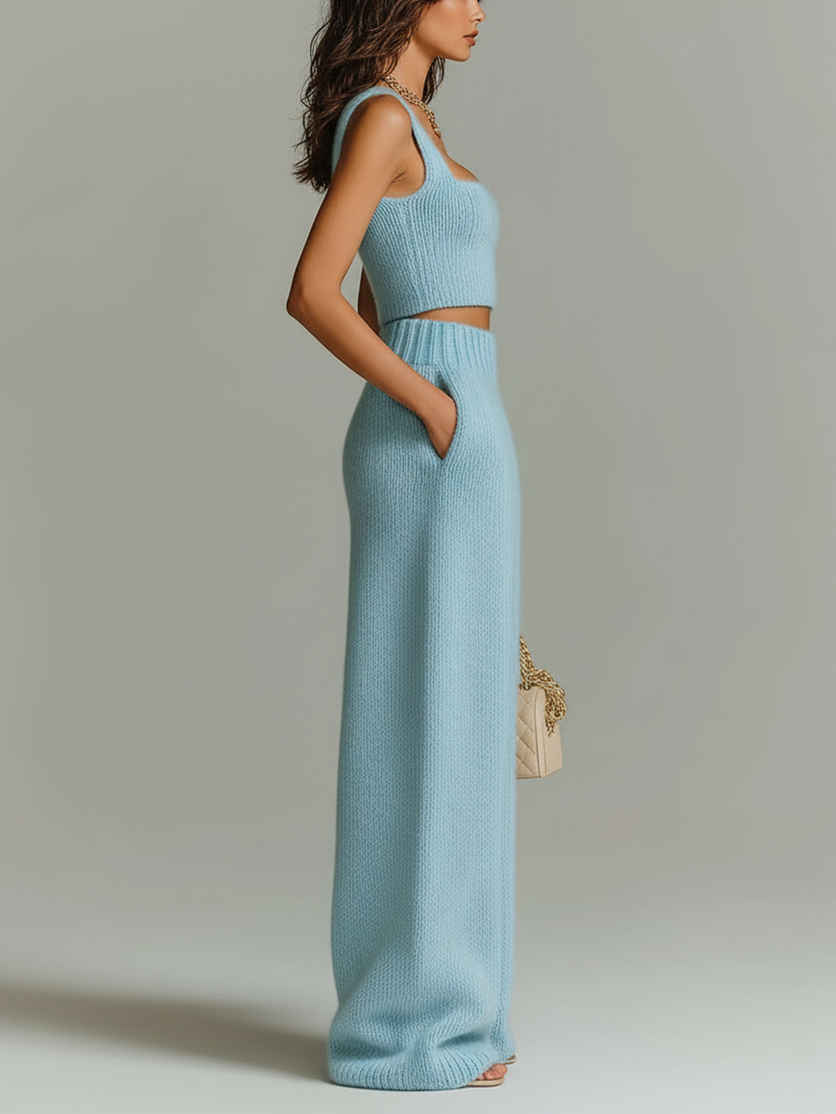 Taidalw Chic Elegant Blue Square-Neck Slim-Fit Tank Top And Elastic Waist Wide-Leg Pants Ribbed Knit Two-Piece Set