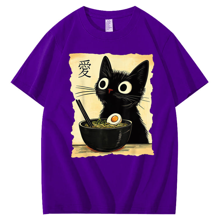 Funny Cat Ramen Graphic Tee Japanese Kawaii Anime Cat 100% Cotton T-Shirt