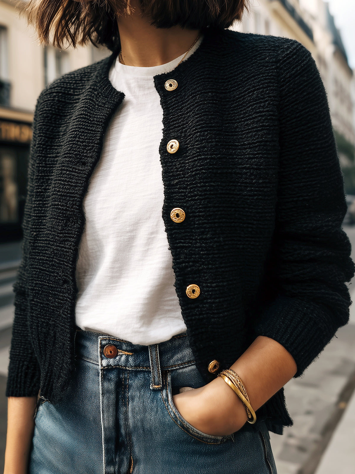 Taidalw Chic Basic Black Crew Neck Gold Button Cropped Knit Cardigan