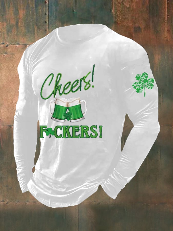 Men's Funny St. Patrick's Day Cheers Green Beer Shamrock Print Casual Long-Sleeve T-Shirt