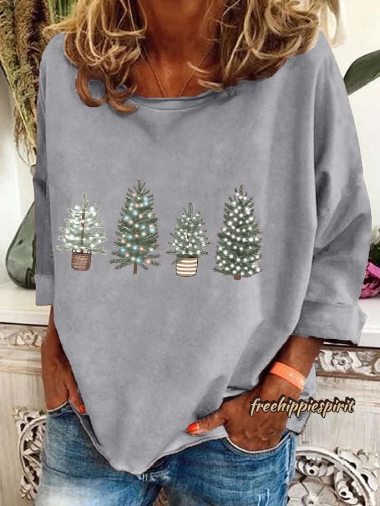 Women's Vintage Christmas Printed Long Sleeve V-Neck Top