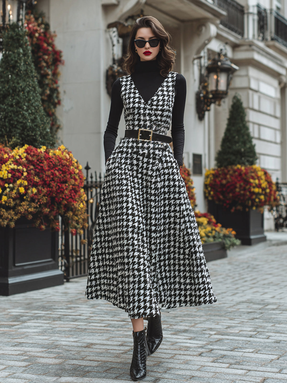 Taidalw Elegant Vintage Houndstooth Wool Blend Deep V-Neck Belted Pinafore Maxi Dress