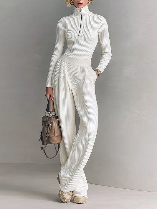 Taidalw Chic Elegant Zip-up Mock Neck Slim-Fit Sweater Elastic Waist Wide-Leg Pants Knit Two-Piece Set