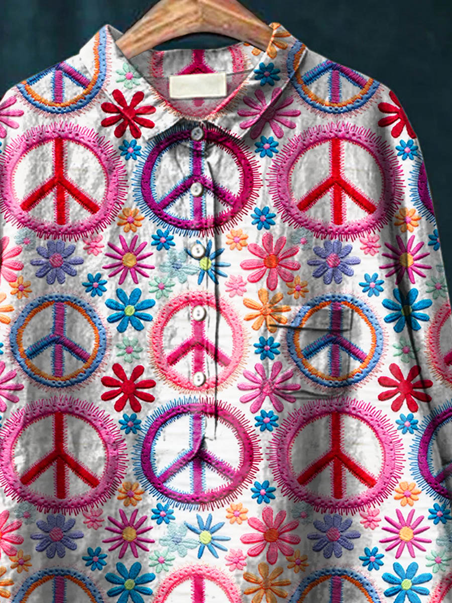 Women's Peace And Love Art Pattern Print Casual Cotton And Linen Shirt