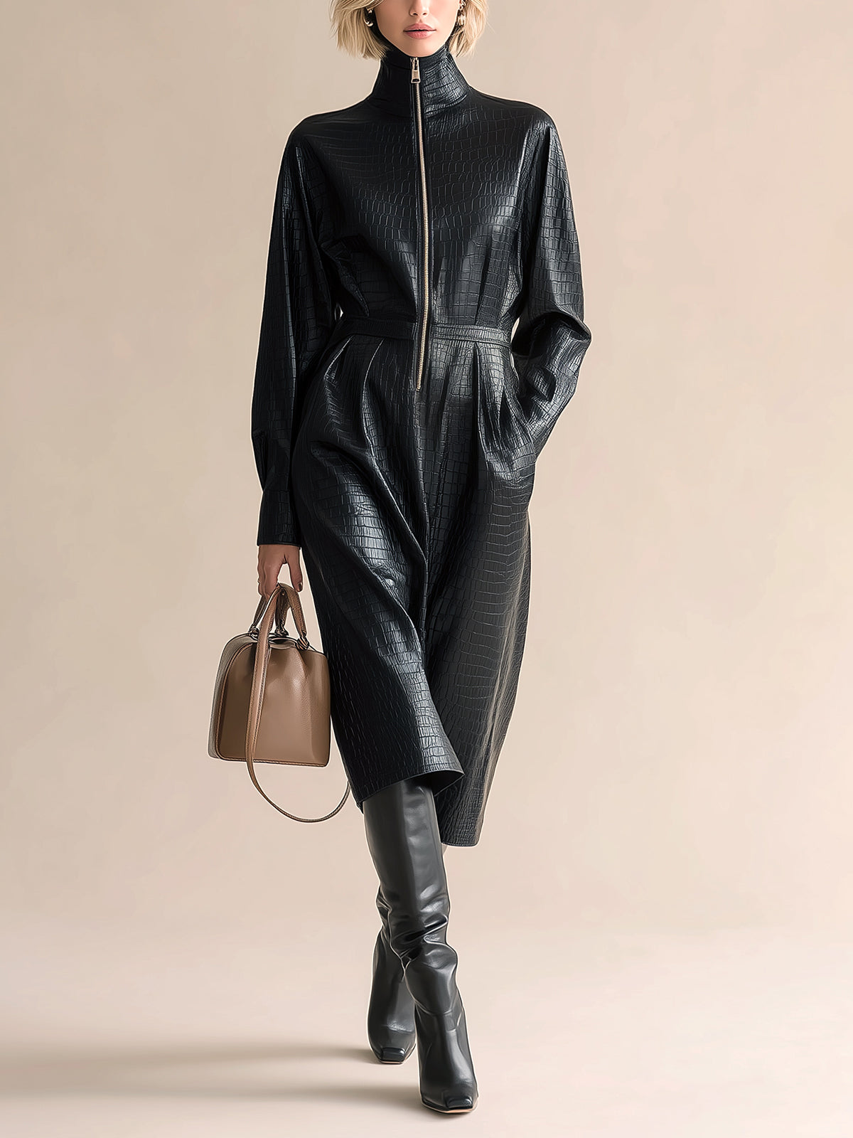 Taidalw Chic Vintage Black Crocodile-Patterned PU Stand Collar Zipper-Front Long Sleeve Tailored Waist Midi Dress