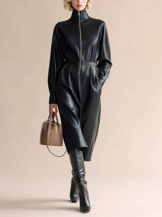 Taidalw Chic Vintage Black Crocodile-Patterned PU Stand Collar Zipper-Front Long Sleeve Tailored Waist Midi Dress