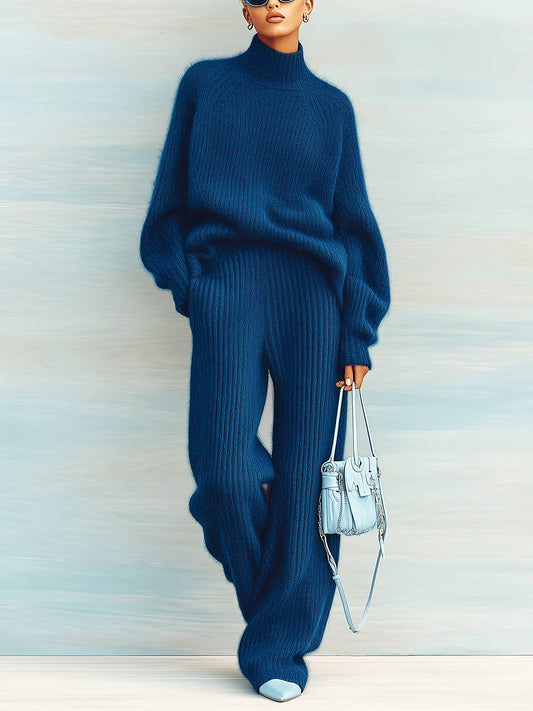 Taidalw Chic Vintage Navy Mock Neck Long Sleeve Oversized Sweater Wide-Leg Pants Fuzzy Ribbed Knit Two-Piece Set