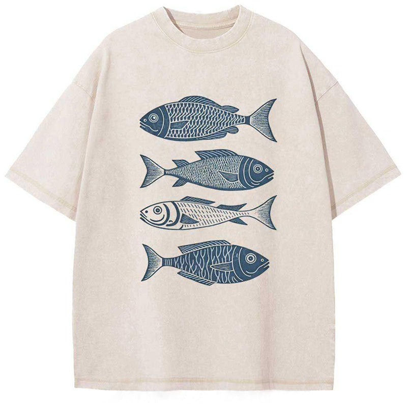 Unisex Fish That Meet And Separate Printed Washed Tee