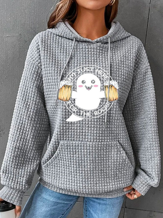 Women's Just Here for the Boos Ghost Halloween Print Waffle Hooded Sweatshirt