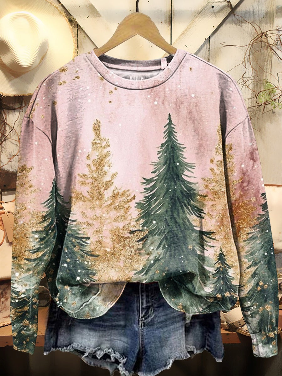 Women's Watercolor Christmas Tree Print Casual Crew Neck Sweatshirt