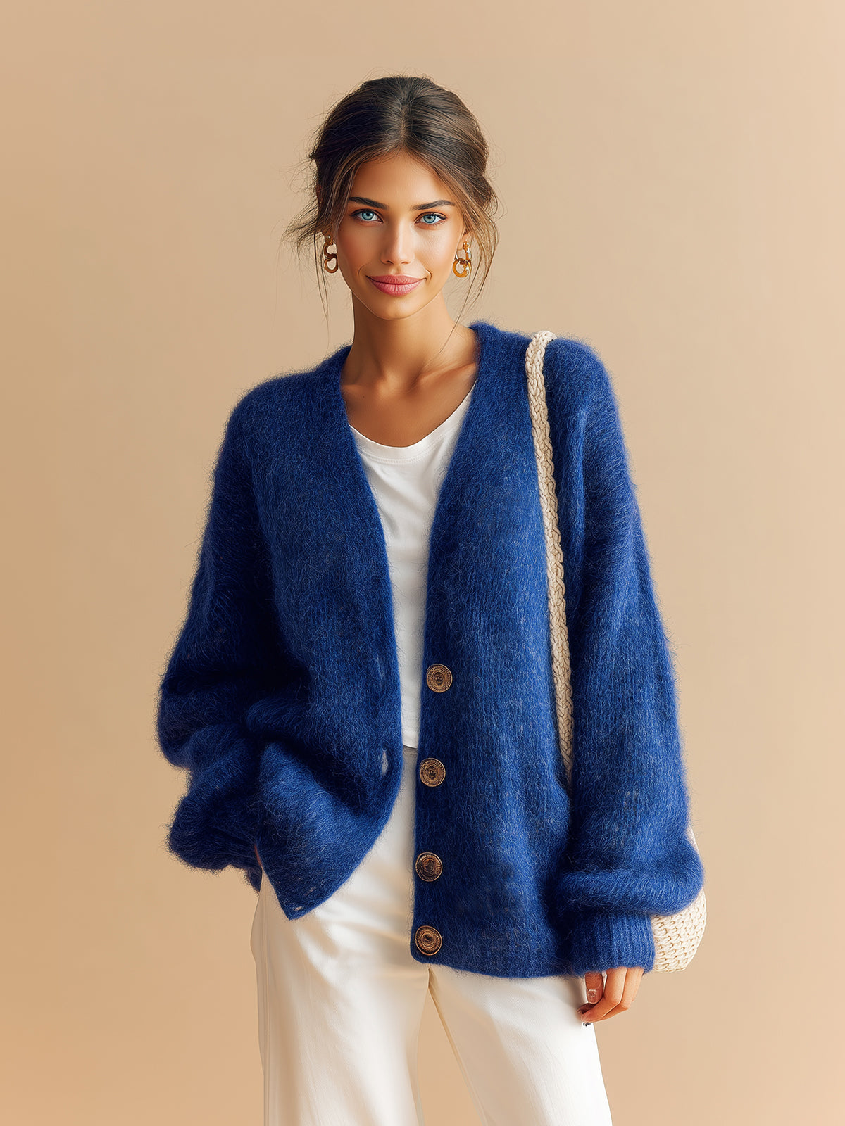 Taidalw Chic Casual Royal Blue V-Neck Single-Breasted Long Sleeve Loose-Fit Fuzzy Knit Cardigan