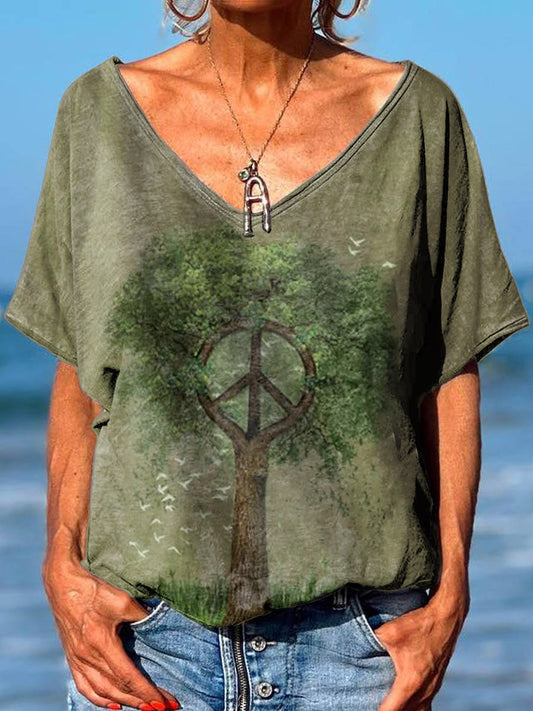 Women's Tree Hippie Graphic Art Print Cotton V Neck T-Shirt