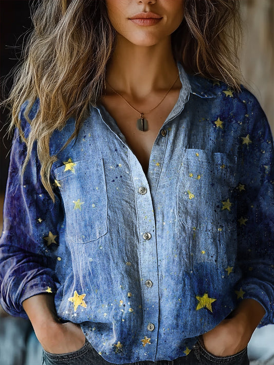 Women's Gradient Starry Sky Art Print Casual Long Sleeve Comfortable Cotton Shirt