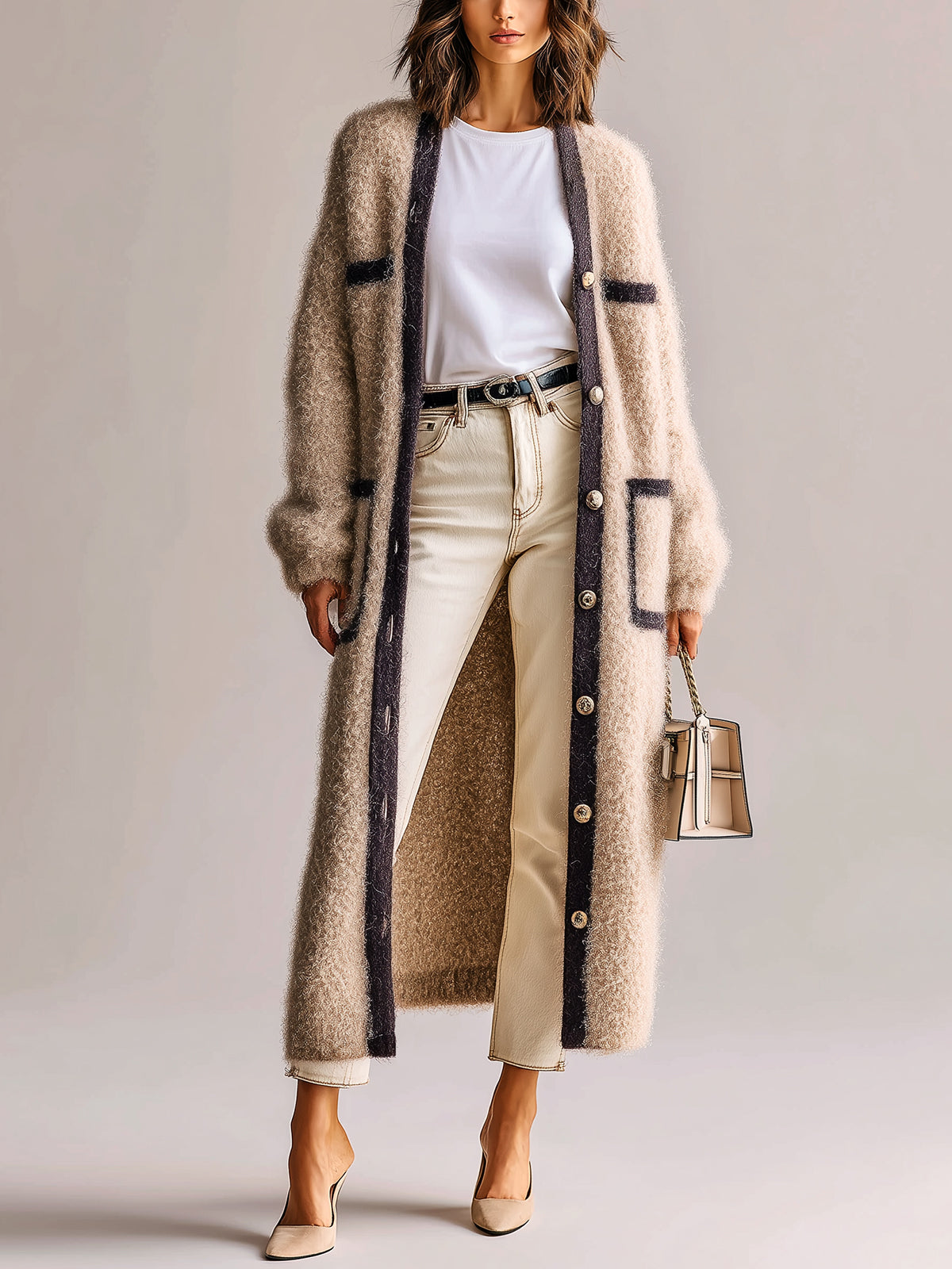 Taidalw Chic Vintage Light Khaki Single-Breasted Long Sleeve Patch Pocket Contrast Trim Fuzzy Knit Long Cardigan