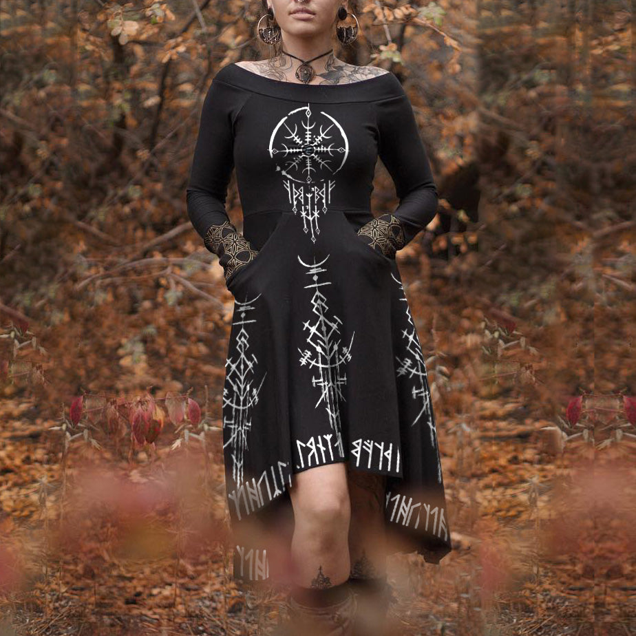 Retro Viking Pattern Print Midi Dress