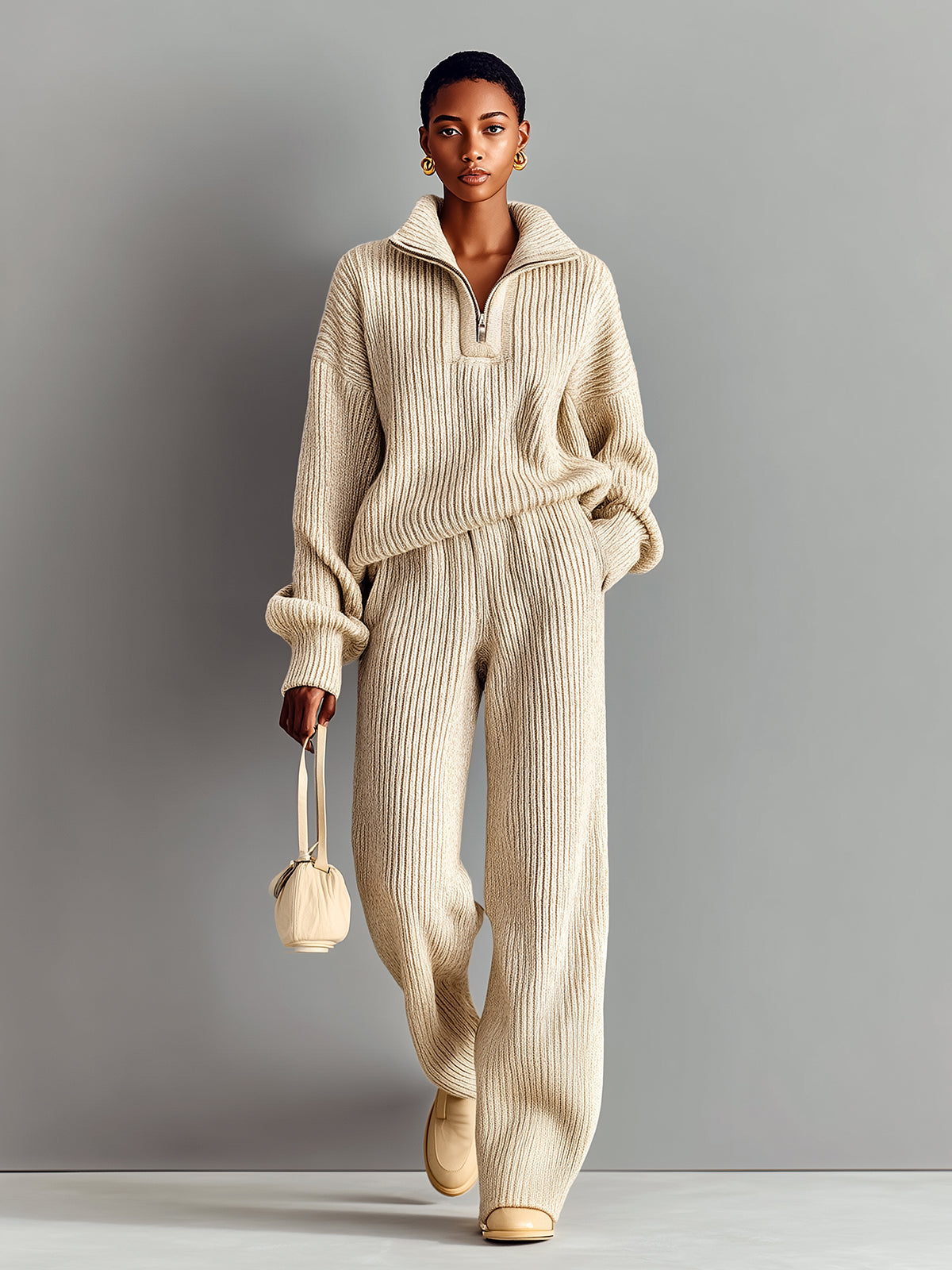 Taidalw Chic Casual Beige Half-Zip Mock Neck Long Sleeve Top Wide-Leg Pants Ribbed Knit Two-Piece Set