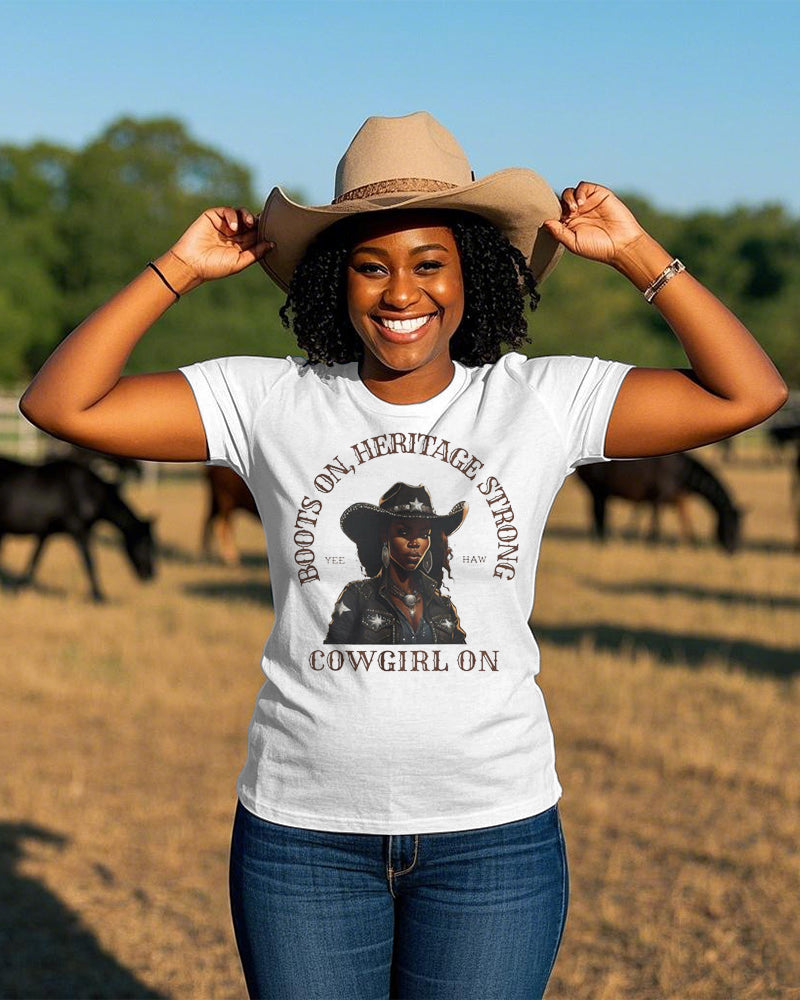Boots On,Heritage Strong,Crowgirl On Crew Neck Short Sleeve Cotton T-shirt