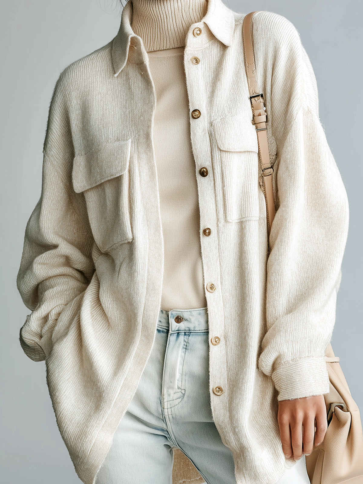 Taidalw Chic Vintage Cream White Lapel Single-Breasted Utility Pocket Oversized Knit Shirt Cardigan