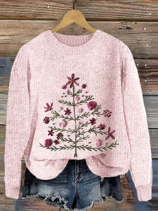 Women's Christmas Tree Print Crew Neck Casual Knit Pullover