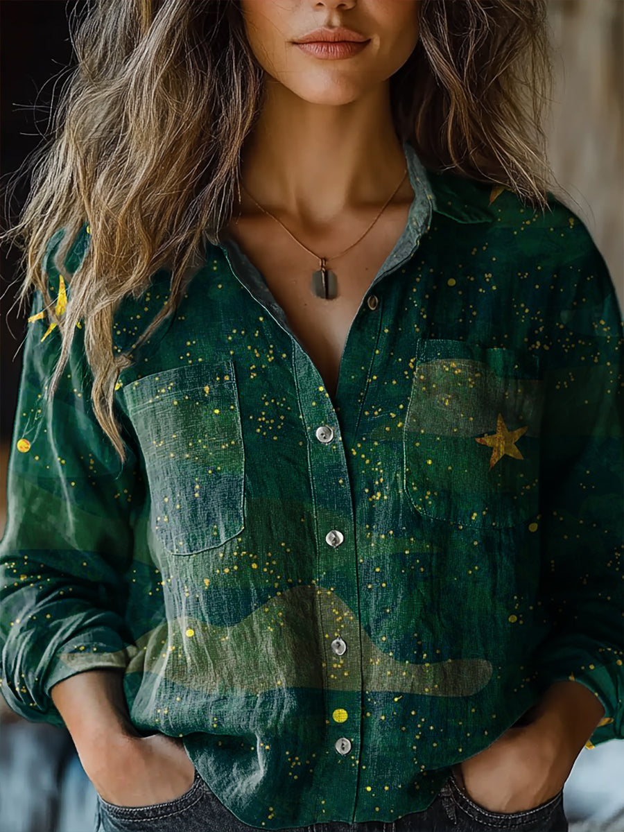 Women's Fantasy Starry Sky Pattern Art Print Casual Long Sleeve Comfortable Cotton Shirt