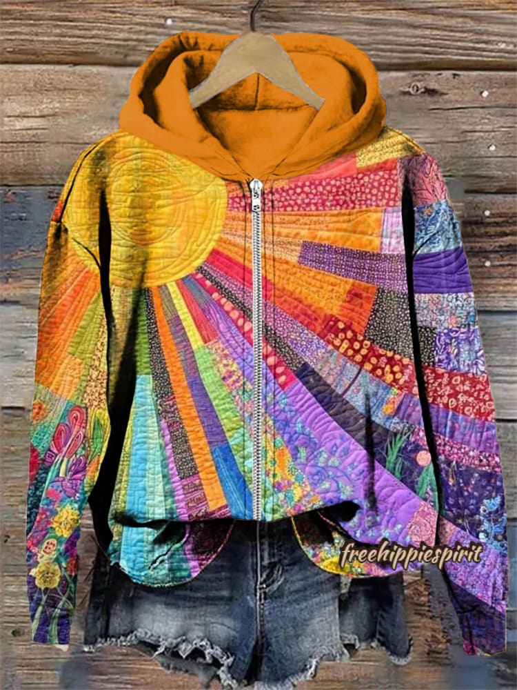 Retro Colorful Sun Collage Print Casual Zip Hoodie Sweatshirt