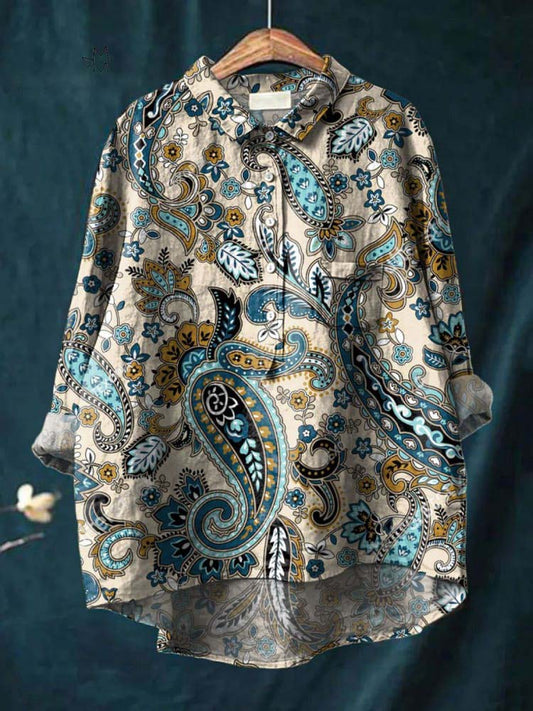 Women'S Vintage Ethnic Floral Art Print Casual Cotton And Linen Shirt