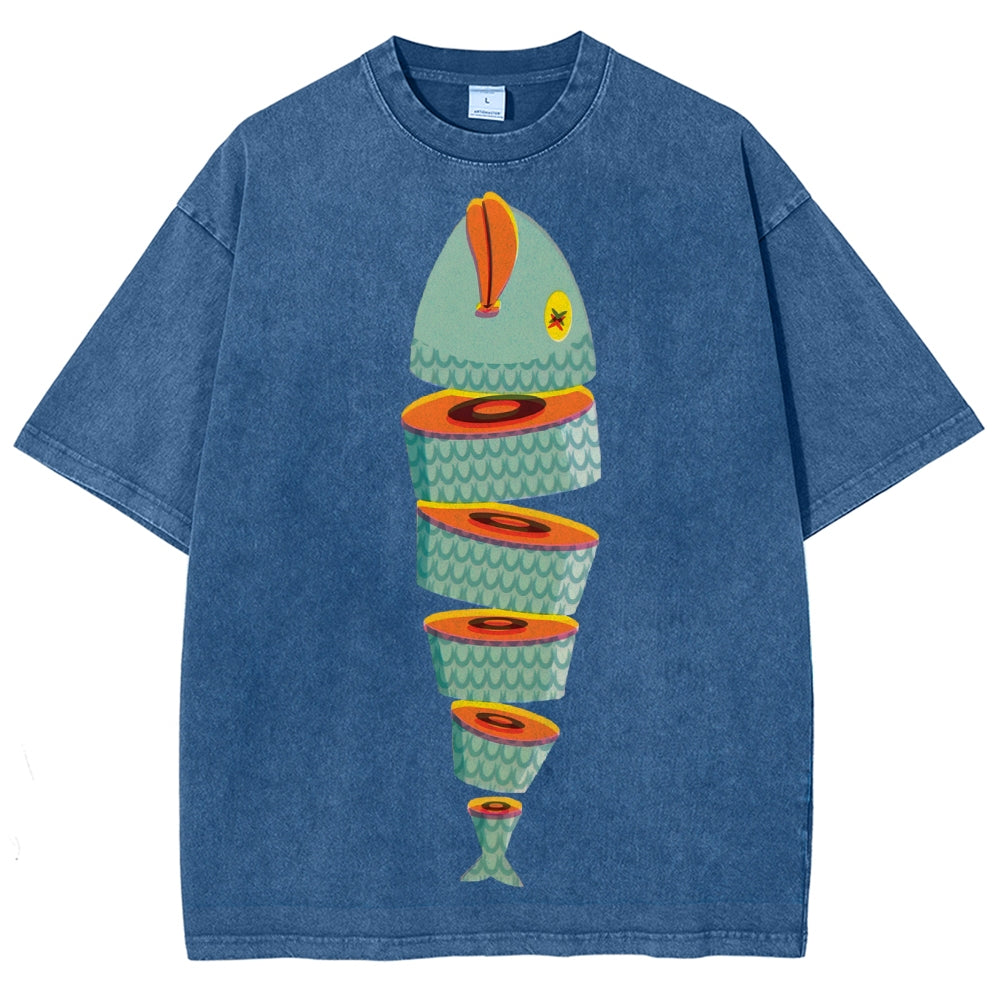 Unisex Fish Printed Washed Tee