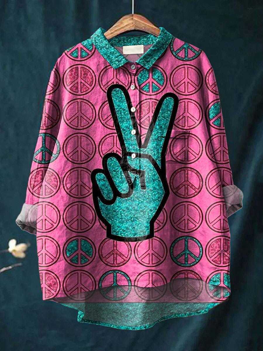 Vintage Peace And Love Art Print Casual Cotton And Linen Shirt