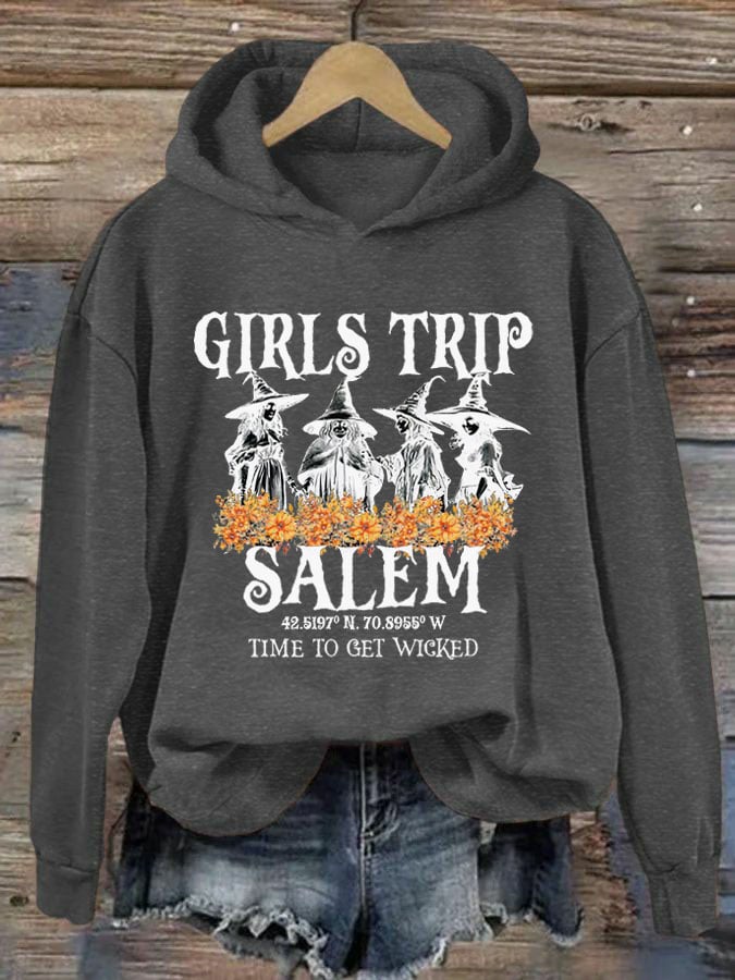 Women's Girl's Trip Salem Time To Get Wicked Halloween Print Hoodie