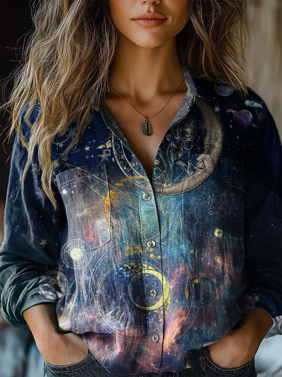 Women's Fantasy Stars and Moon Pattern Art Print Casual Long Sleeve Comfortable Cotton Shirt