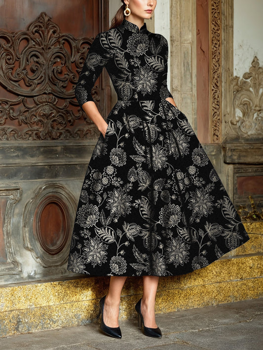 Midi Linen Dress, Half Sleeve, Stand Collar, Paisley, Floral, Pocket Design, Vintage, Black