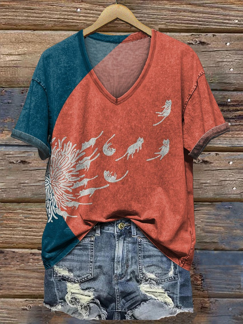 Abstract Creative Dandelion and Cat Art V-neck Print Casual T-Shirt