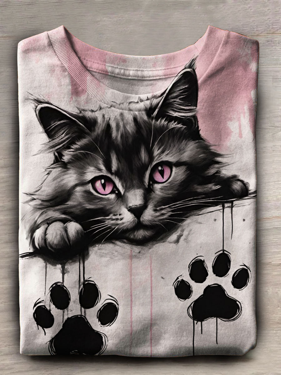 Cat Print Casual Short Sleeve Top