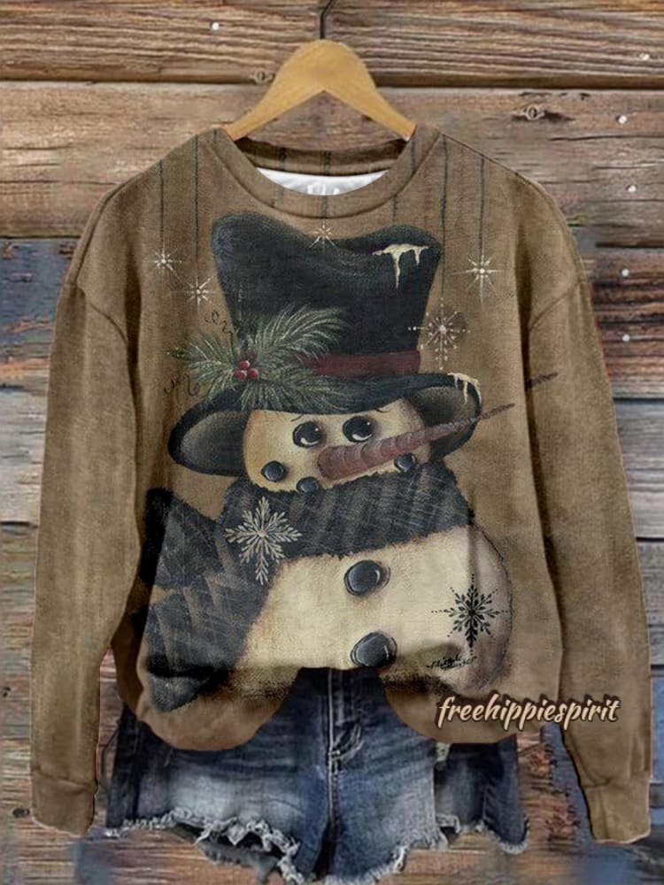 Retro Christmas Snowman Print Casual Sweatshirt