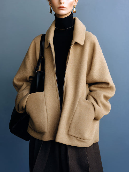 Taidalw Chic Vintage Camel Wool Blend Lapel Zip-Up Large Pocket Slouchy Short Coat