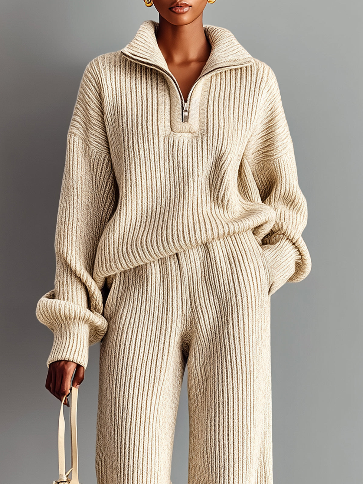 Taidalw Chic Casual Beige Half-Zip Mock Neck Long Sleeve Top Wide-Leg Pants Ribbed Knit Two-Piece Set