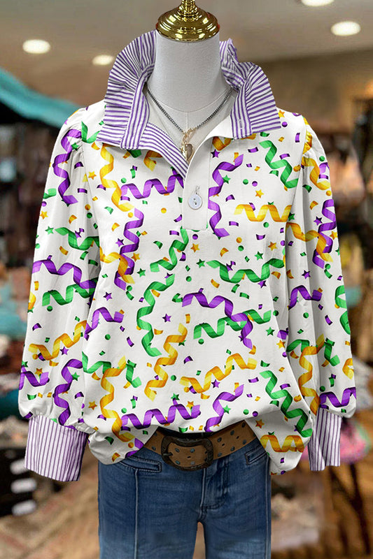 Mardi Gras Ribbon Striped Ruffle Blouse