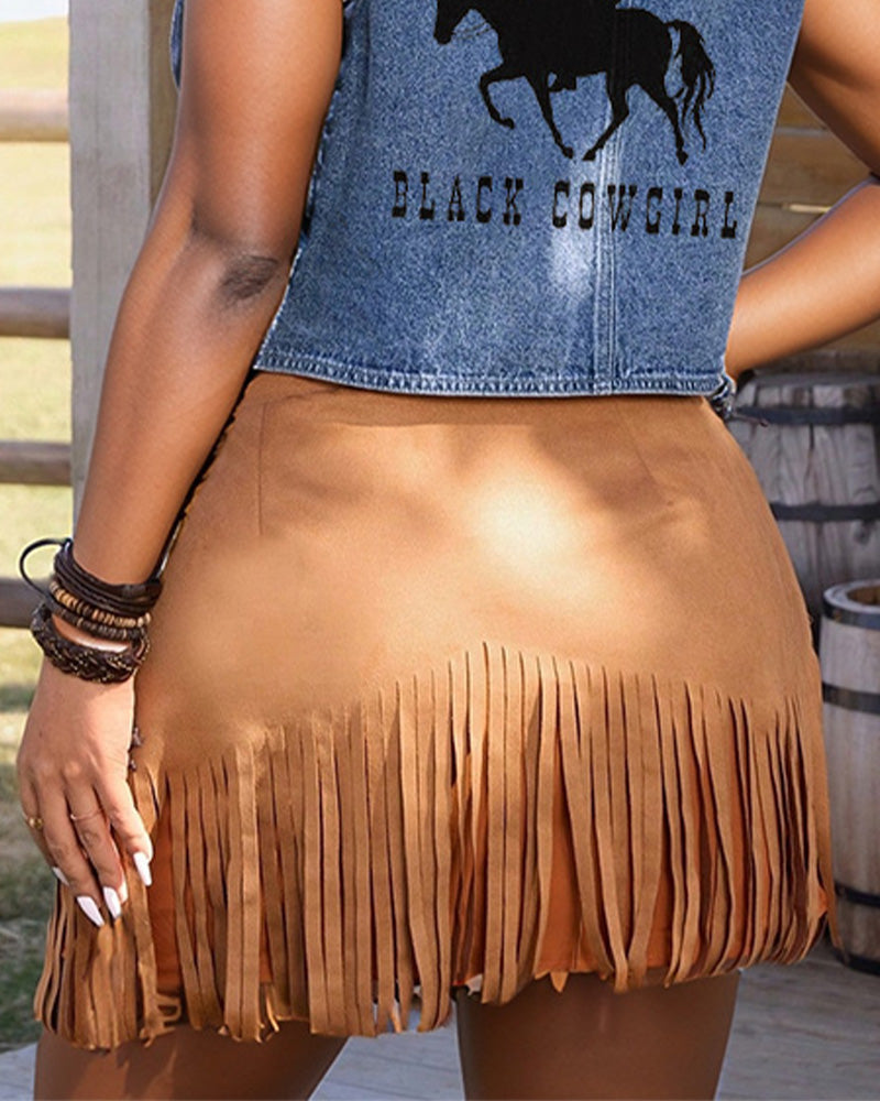 Women's Vintage Hippie Rivet Fringe Brown Suede A-Line Skirt