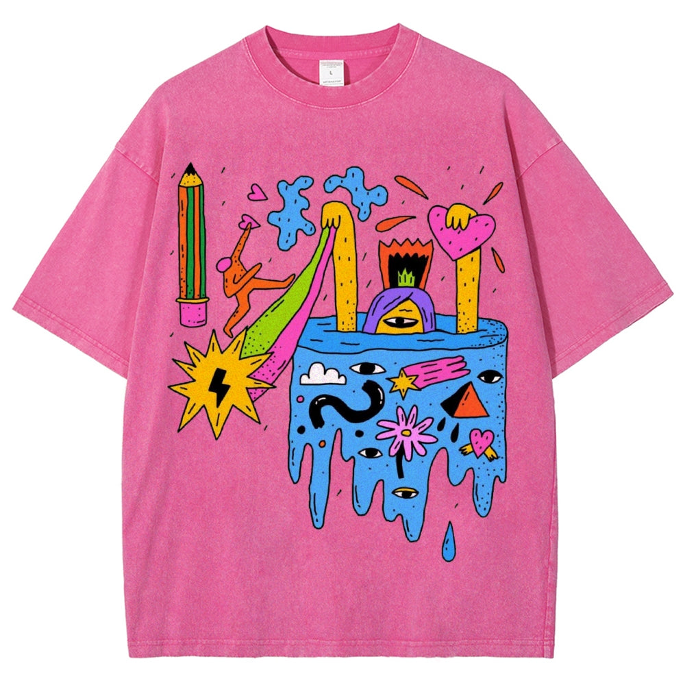 Unisex Abstract Art Eyes Printed Washed Tee