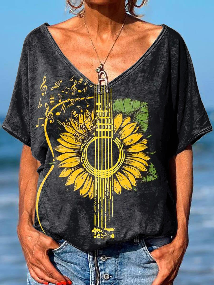 Women's Daisy Guitar Art Print Cotton V-Neck T-Shirt