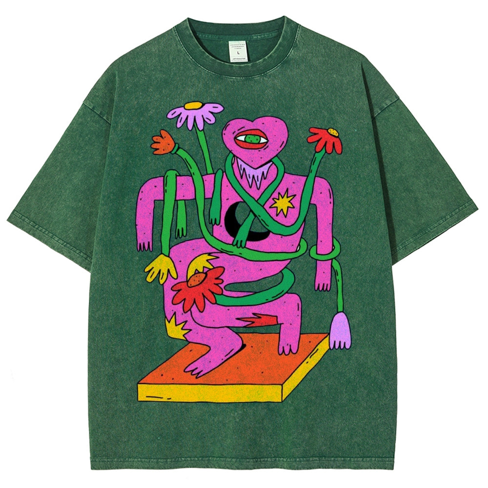 Unisex Abstract Art Flower Portrait Printed Washed Tee