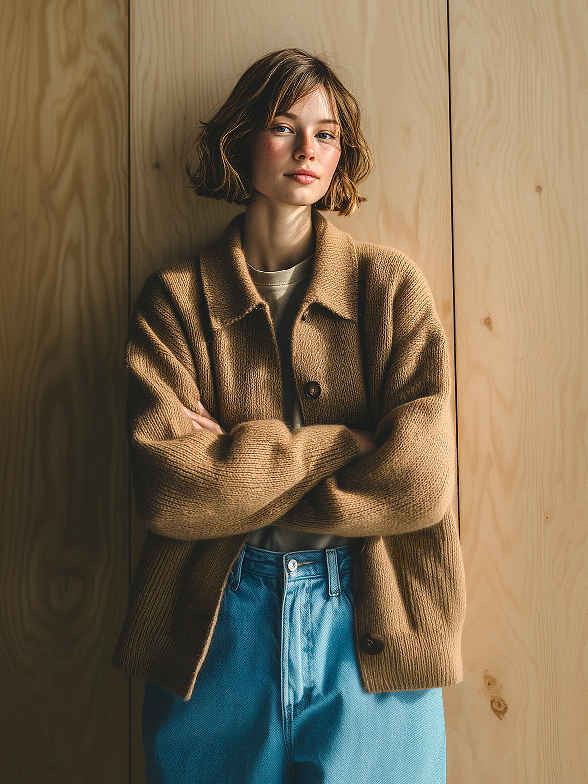 Taidalw Chic Vintage Camel Lapel Single-Breasted Long Sleeve Oversized Knit Cardigan