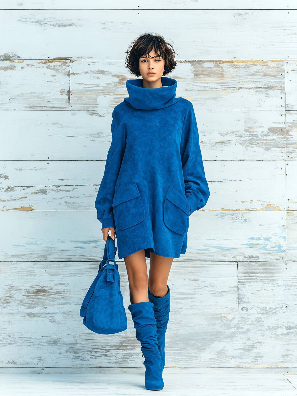 Taidalw Chic Elegant Royal Blue Faux Suede Oversized Turtleneck Long Lantern Sleeve Patch Pocket Mini Dress