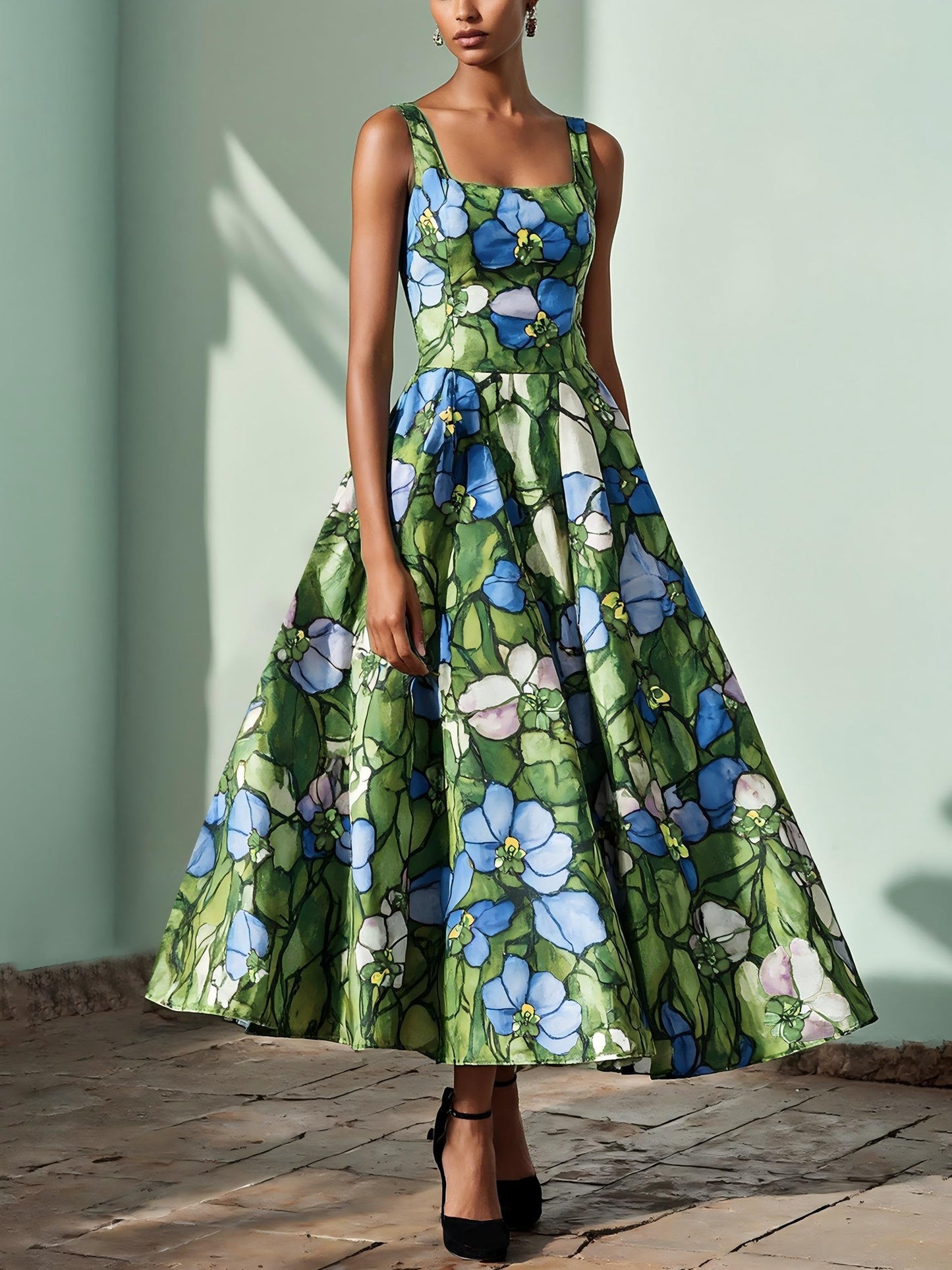 Maxi Linen Dress , Sleeveless, Square Neck, Floral, Church Glass, Vacation, Vintage, Green