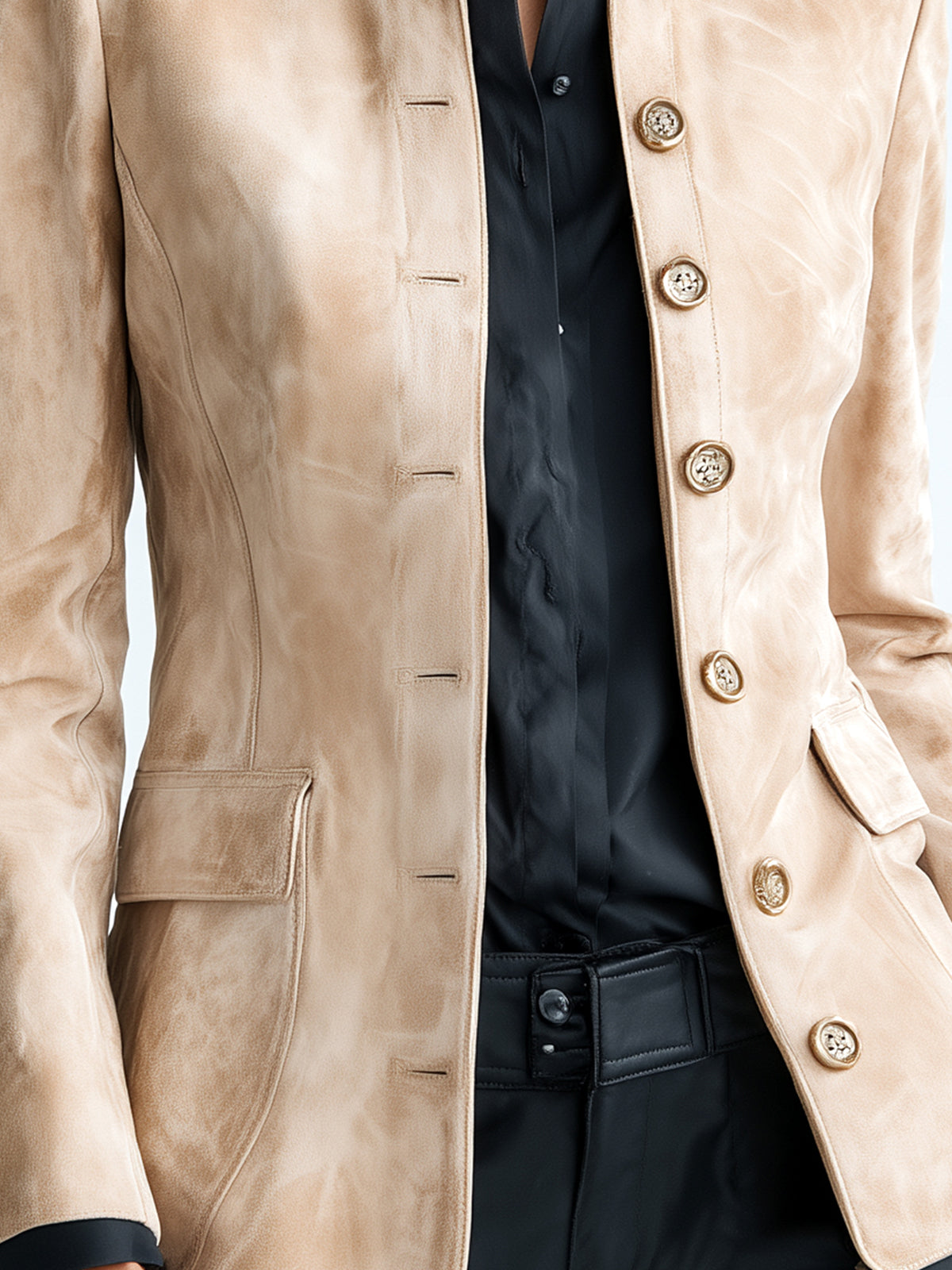 Taidalw Chic Vintage Beige Faux Suede Stand Collar Single-breasted Slim-Fit Sophisticated Blazer