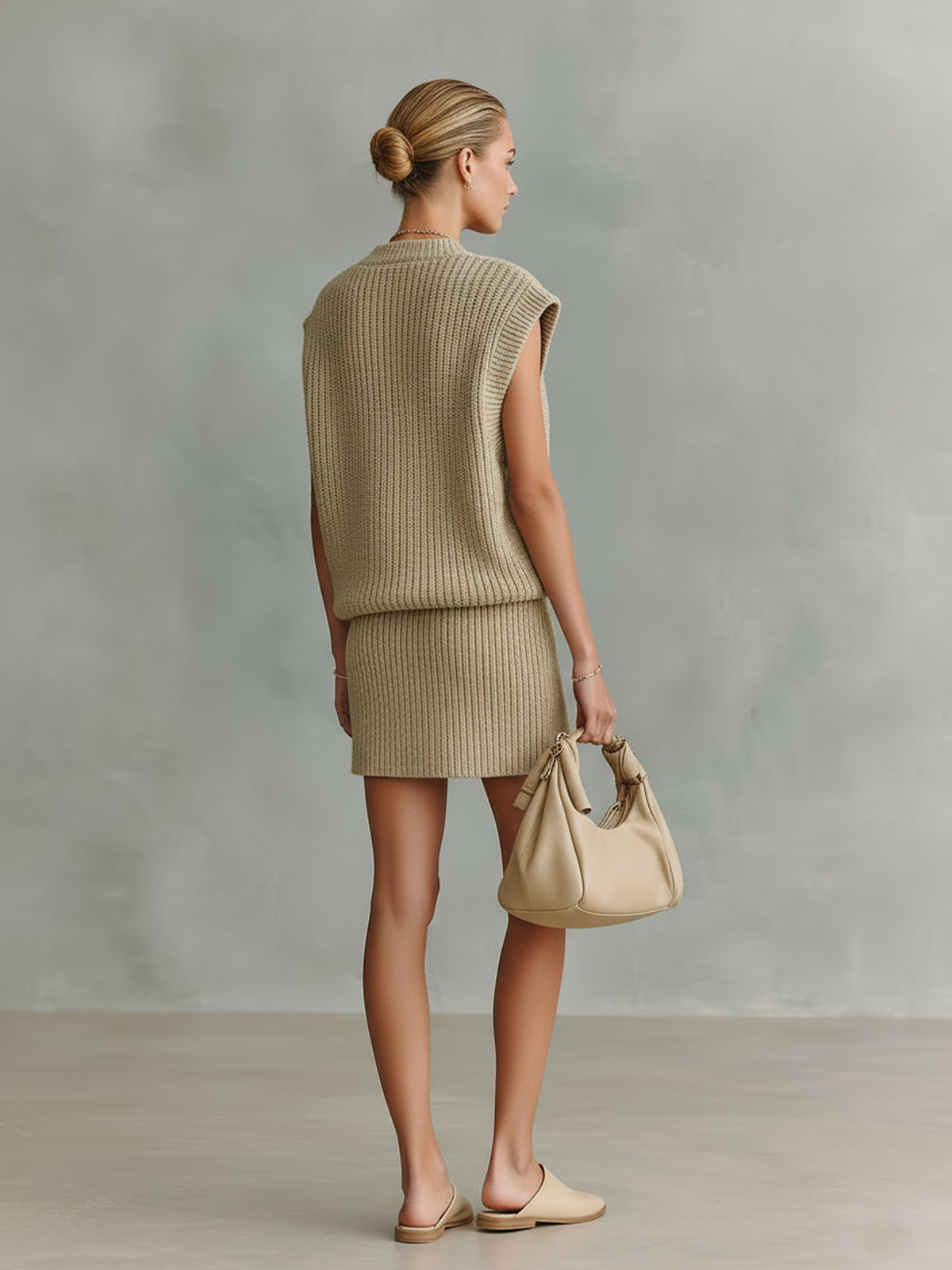 Taidalw Chic Elegant Light Khaki Stand Collar V-Neck Single-Breasted Slim-Fit Vest Top Slit Hem Mini Skirt Ribbed Knit Two-Piece Set