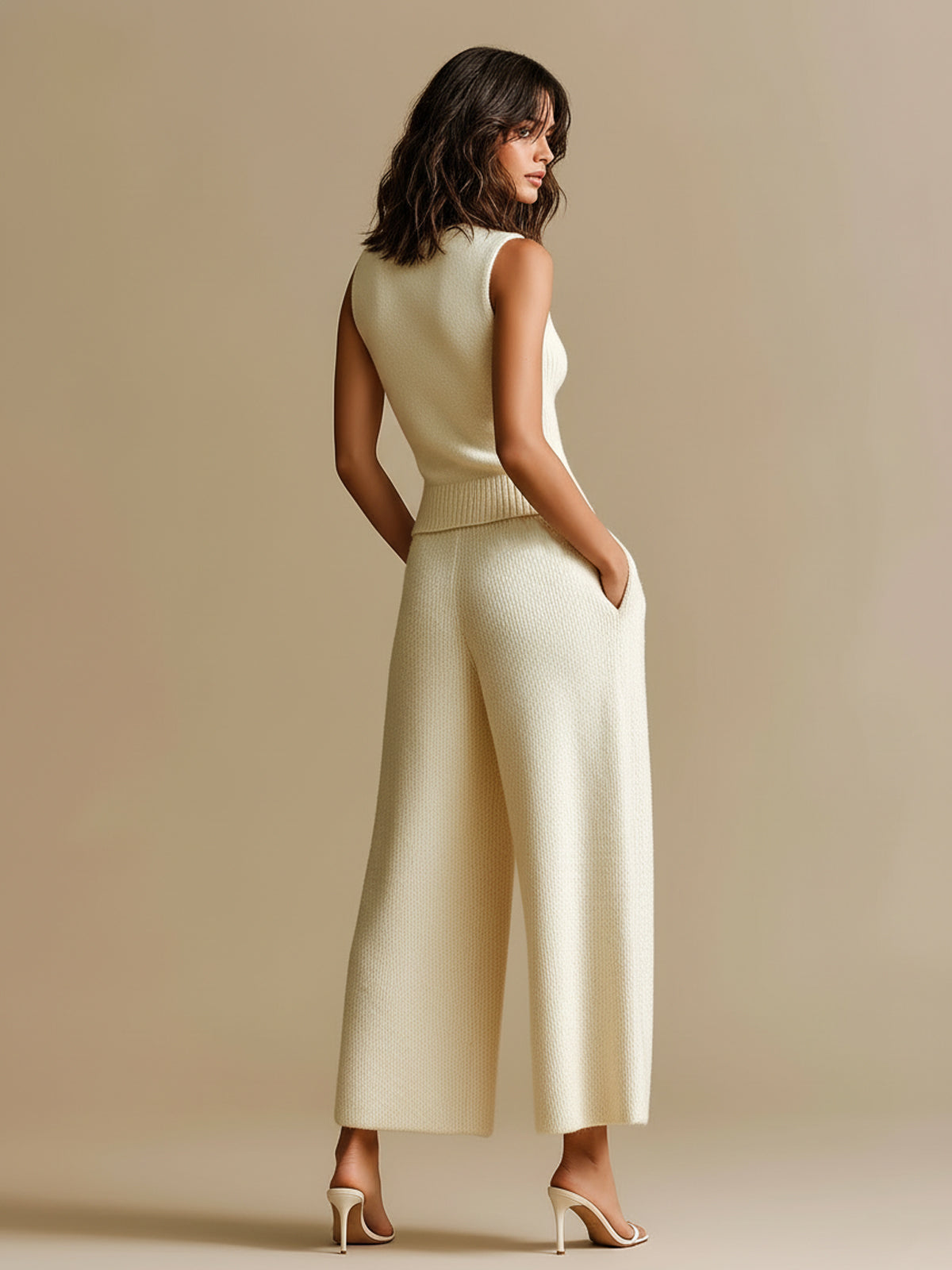 Taidalw Chic Elegant Beige Deep V-Neck Single-Breasted Slim-Fit Ribbed Vest And Wide-Leg Pants Knit Two-Piece Set