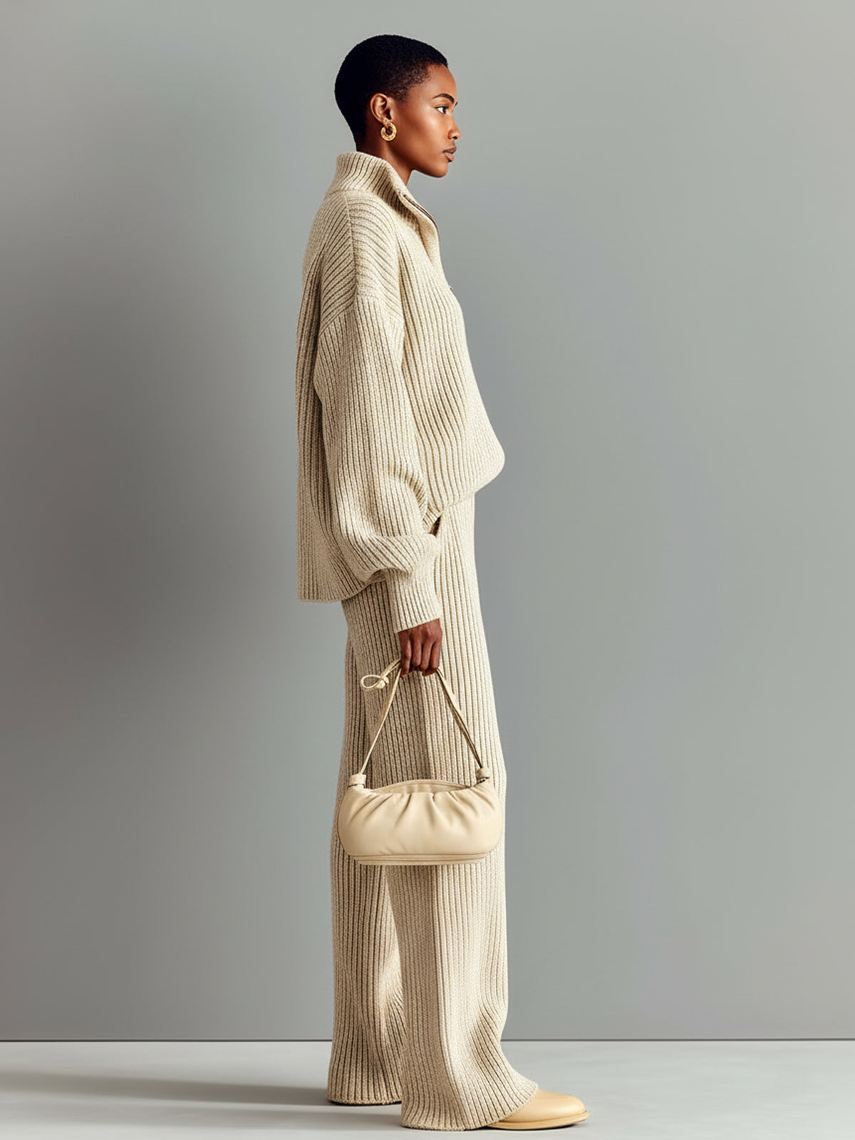 Taidalw Chic Casual Beige Half-Zip Mock Neck Long Sleeve Top Wide-Leg Pants Ribbed Knit Two-Piece Set