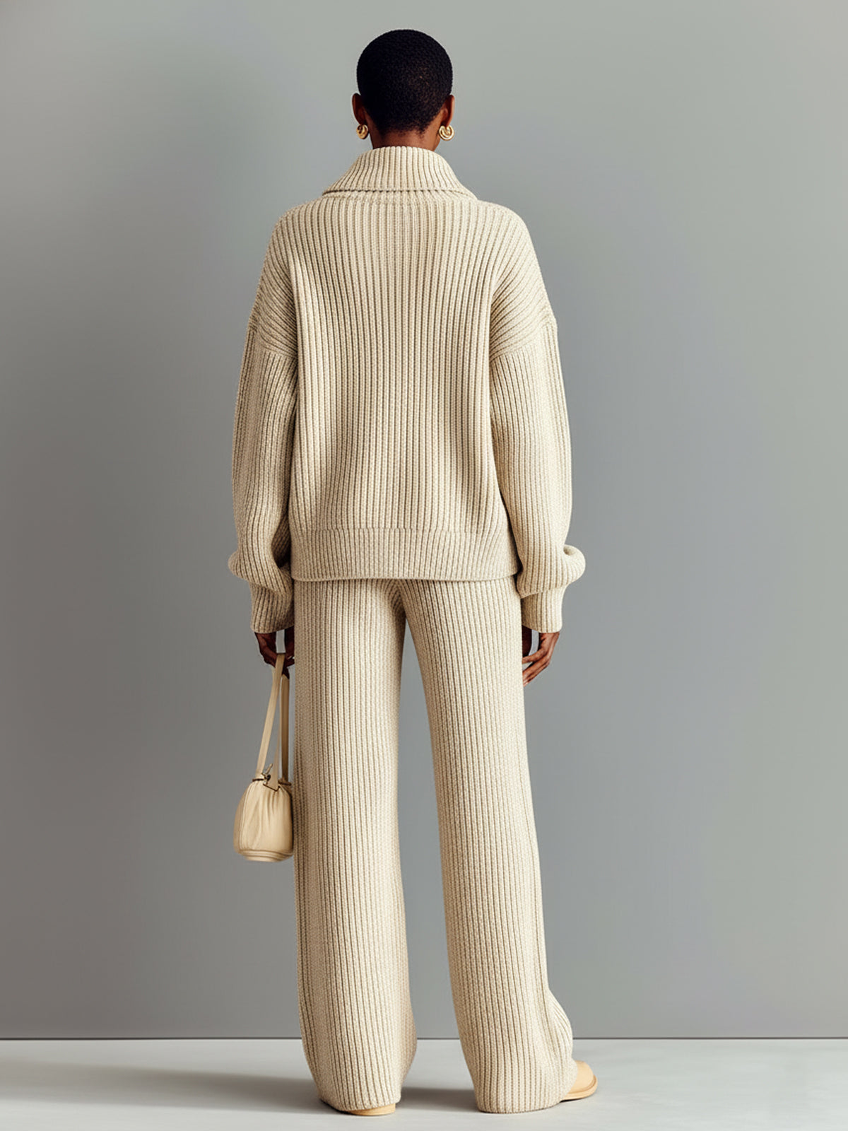 Taidalw Chic Casual Beige Half-Zip Mock Neck Long Sleeve Top Wide-Leg Pants Ribbed Knit Two-Piece Set